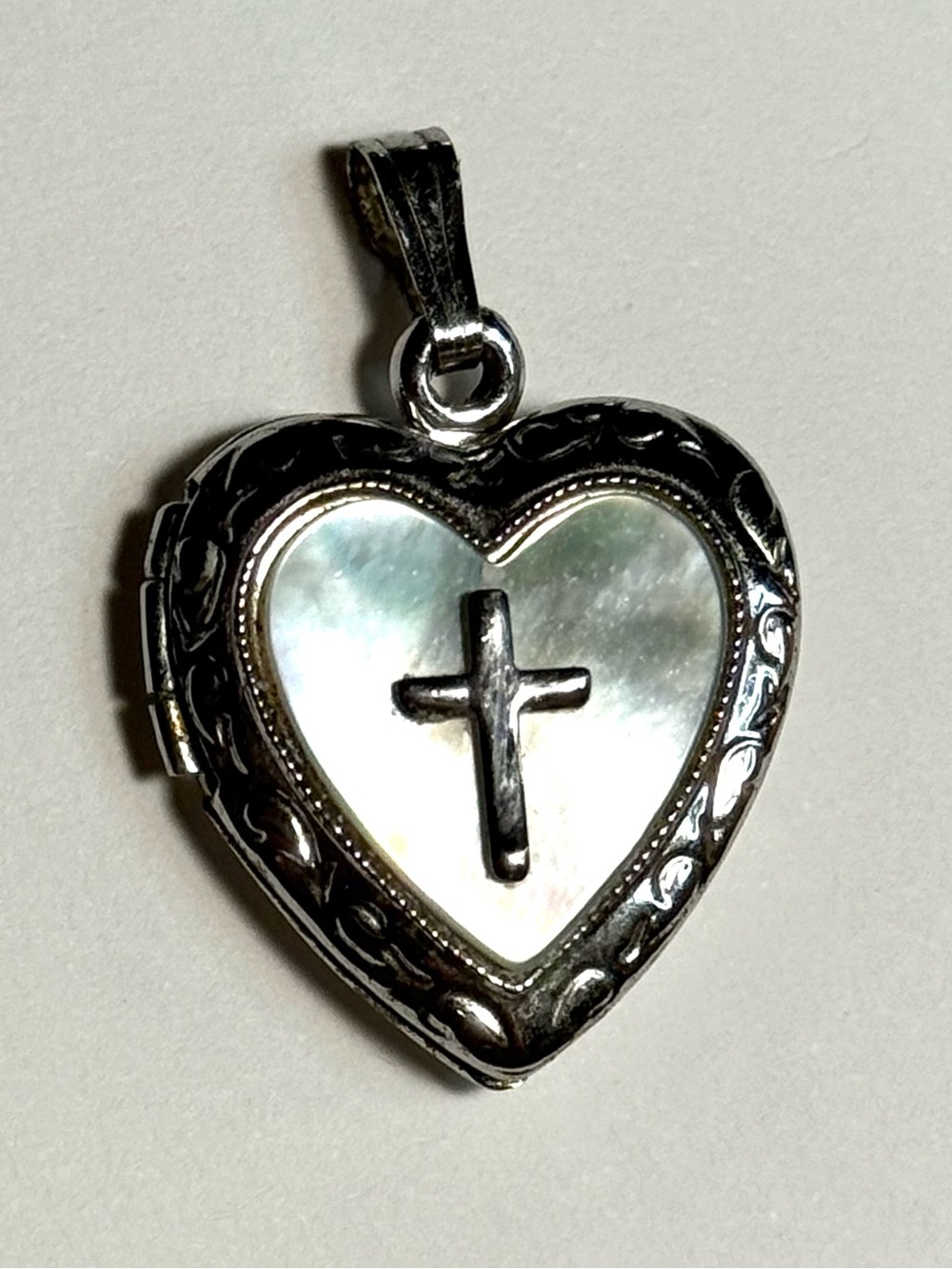 Heart Locket Pendant with Cross - Sterling Silver & Mother of Pearl